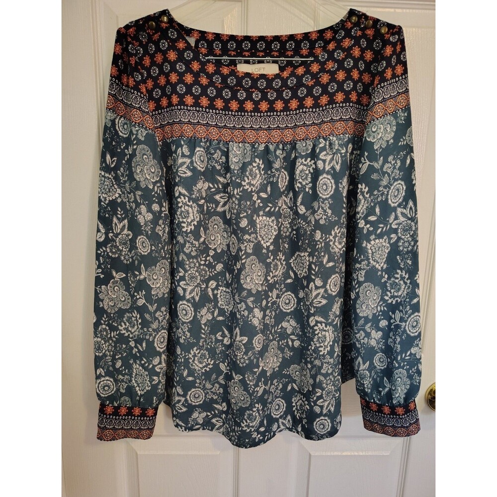 LOFT Women’s Blue Orange White Floral Scoop Neck Button Long Sleeve Blouse L
